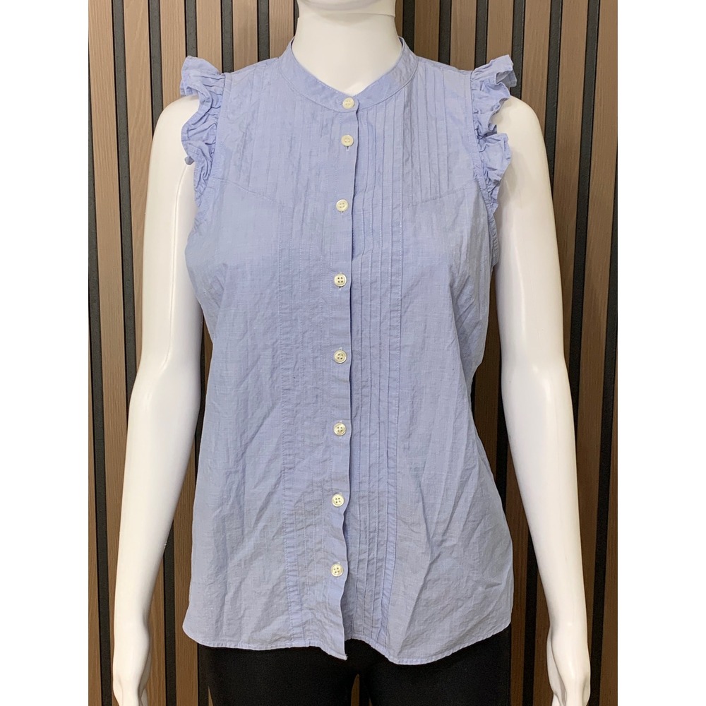J.Crew Women's Blue Ruffle Pintuck Sleeveless 100% Cotton Blouse Top 2 Classic